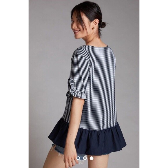 MAEVE Anthropologie Large tunic Top Navy white Stripe Ruffle short sleeve‎ round - Picture 1 of 7